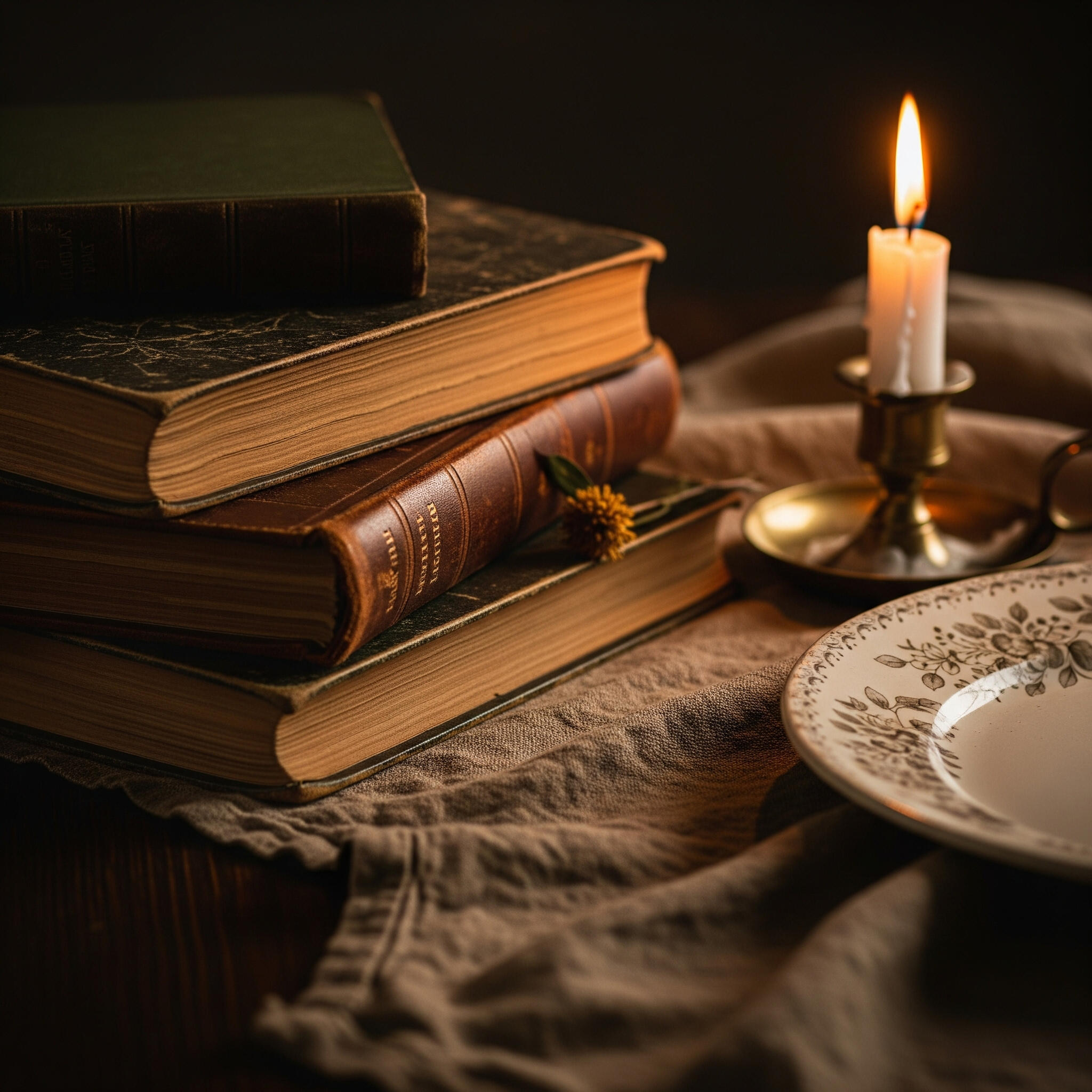 A picture with a stack of books, a candle, and a dinner plate